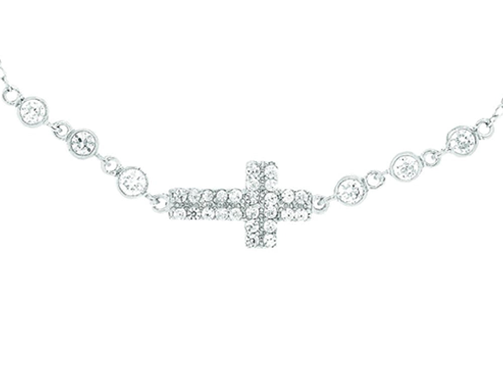 Finejewelers Silver Rhodium Finish Shiny Cable Chain Small Cross Charm Bracelet White Cubic Zirconia