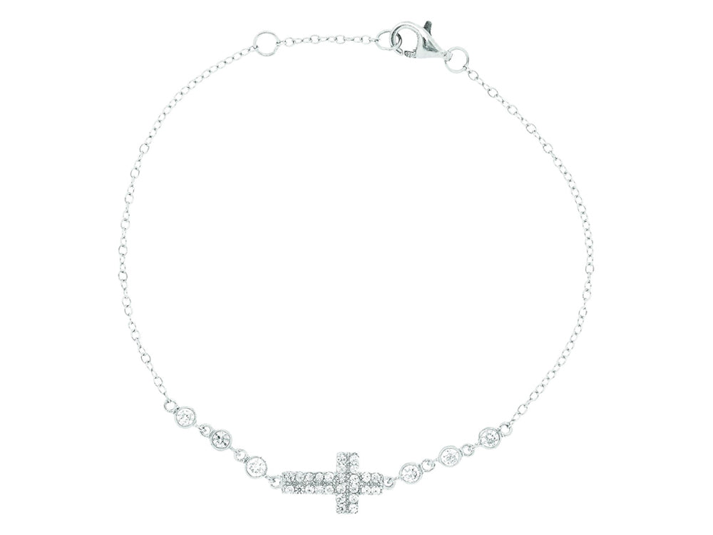 Finejewelers Silver Rhodium Finish Shiny Cable Chain Small Cross Charm Bracelet White Cubic Zirconia