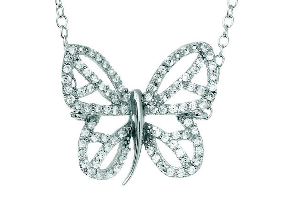 Finejewelers Silver with Rhodium Finish Cable Chain Butterfly Necklace with White Cubic Zirconia(CZ)