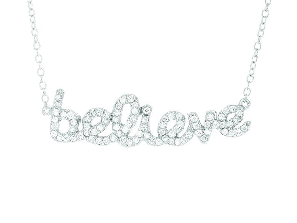 Finejewelers Silver Rhodium Finish Shiny Cable Chain Believe Pendant Necklace White Cubic Zirconia