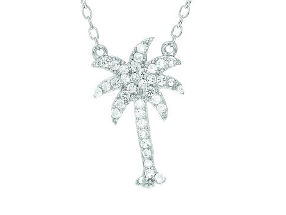 Finejewelers Sterling Silver Rhodium Palm Tree with Cubic Zirconia (CZ's) on Cable Chain Pendant Necklace