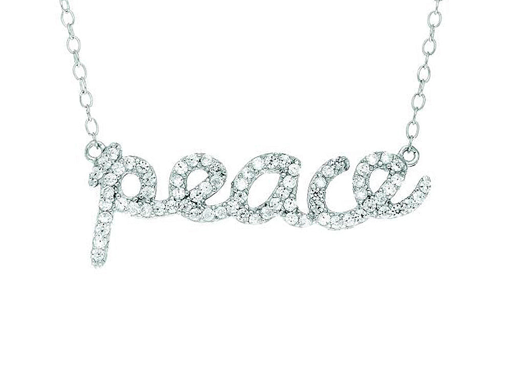 Finejewelers Silver with Rhodium Finish Shiny Cable Chain Peace Pendant Necklace White Cubic Zirconia