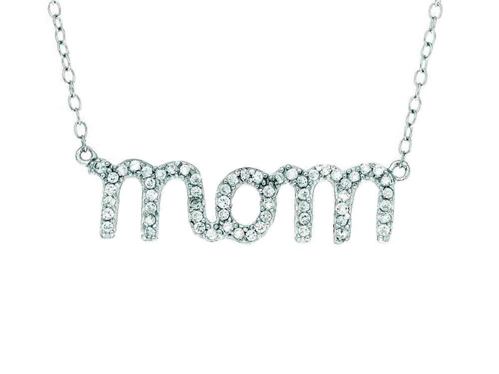 Finejewelers Silver Rhodium Finish Shiny Cable Chain Mom Pendant Necklace White Cubic Zirconia