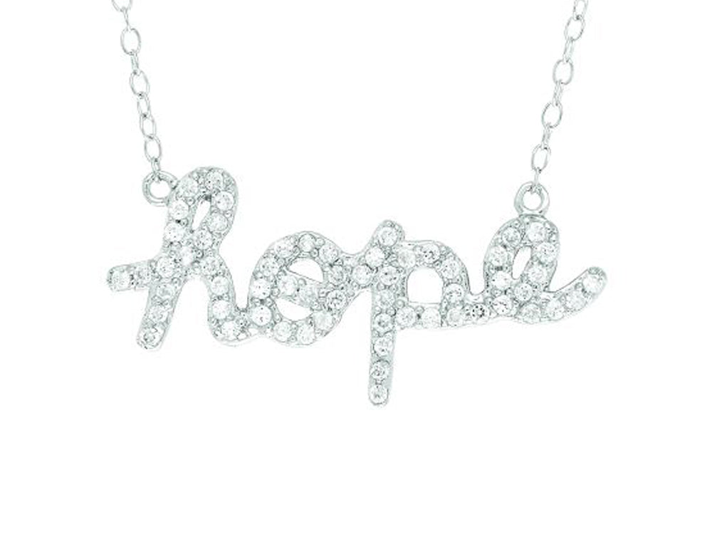 Finejewelers Silver Rhodium Finish Shiny Cable Chain Hope Pendant Necklace White Cubic Zirconia