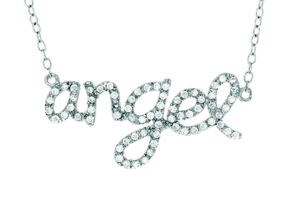 Finejewelers Silver with Rhodium Finish Shiny Cable Chain Angel Pendant Necklace White Cubic Zirconia