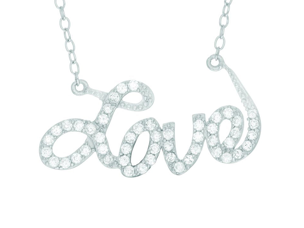 Finejewelers Silver Rhodium Finish Shiny Cable Chain Love Pendant Necklace White Cubic Zirconia