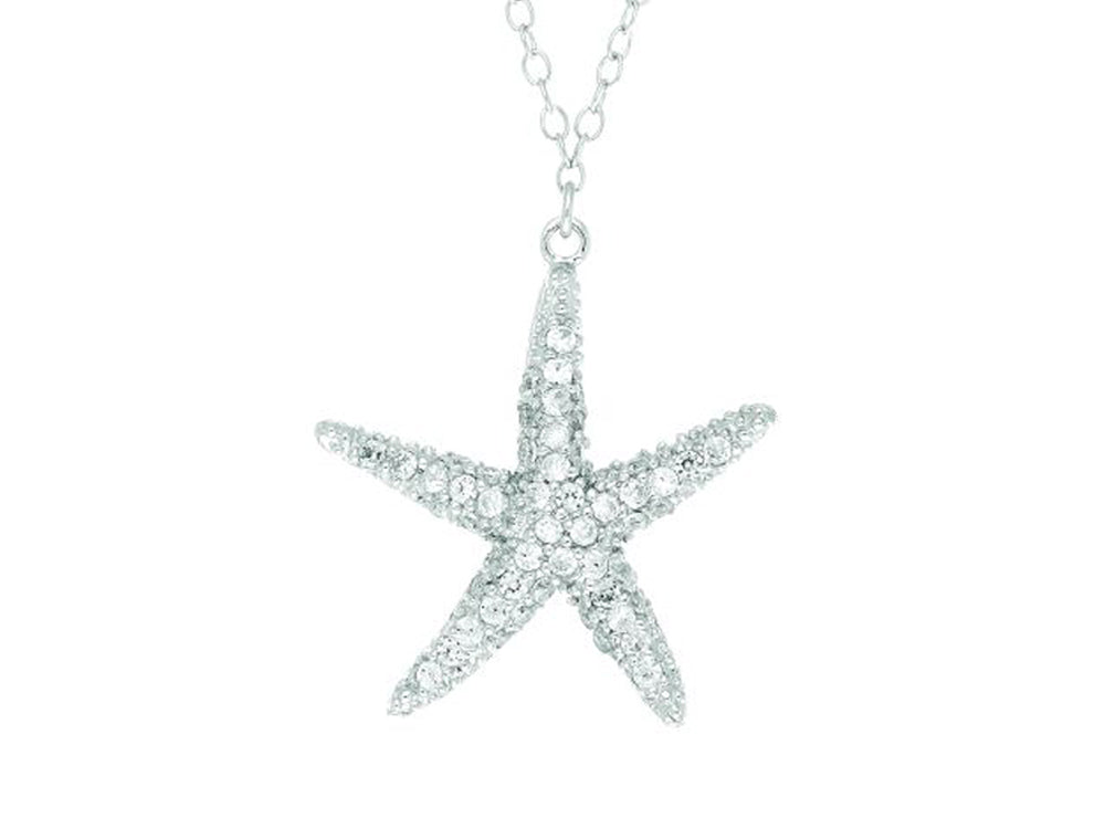 Finejewelers Silver Rhodium Finish Shiny Cable Chain Starfish Pendant Necklace White Cubic Zirconia