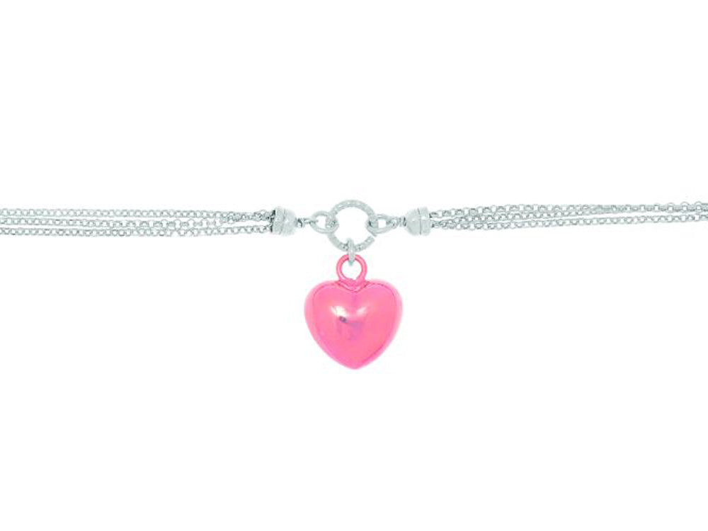 Finejewelers Silver Rhodium Finish Rose Puff Heart and 3 White Rings 3 Strand Oval Rolo Chain Bracelet