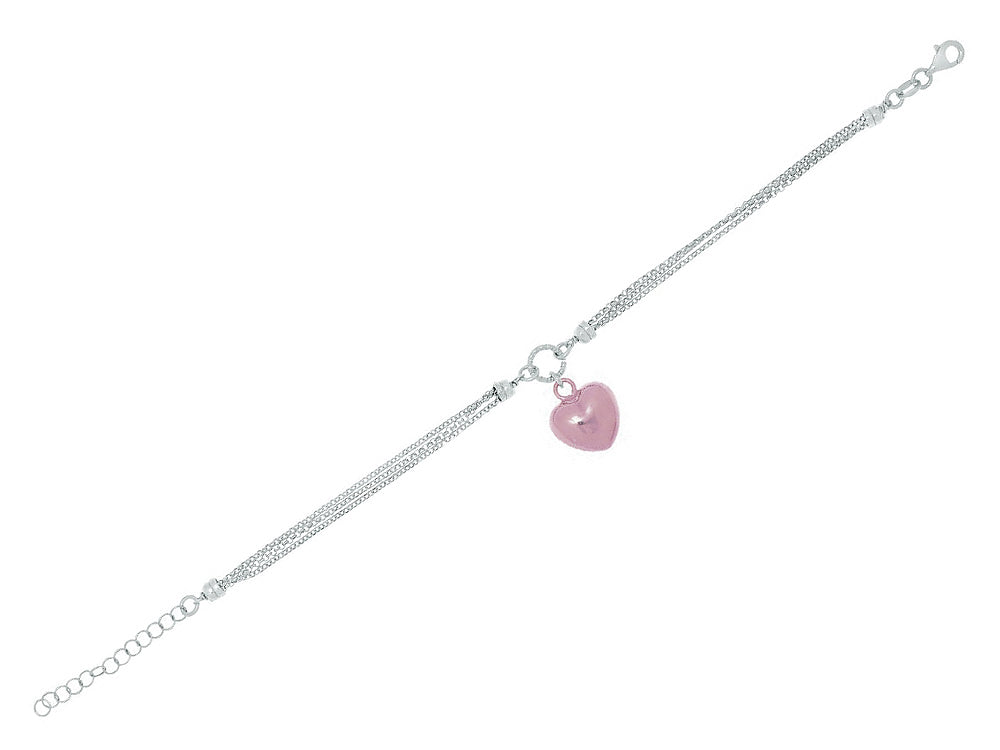 Finejewelers Silver Rhodium Finish Rose Puff Heart and 3 White Rings 3 Strand Oval Rolo Chain Bracelet
