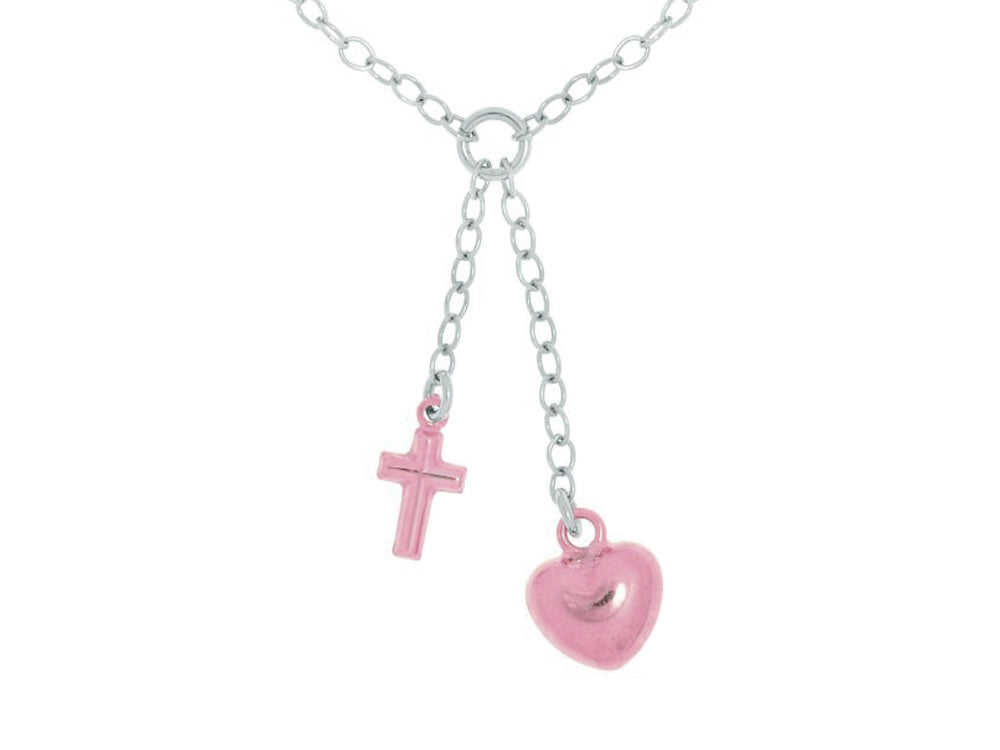 Finejewelers Silver Rhodium Shiny Cable Link Necklace Small Puffed Rose Heart and Cross Dangle Charm