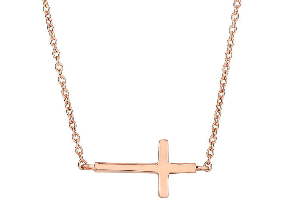 Finejewelers Silver with Rose Finish Shiny Sideways Cross Anchored On Cable Link Necklace