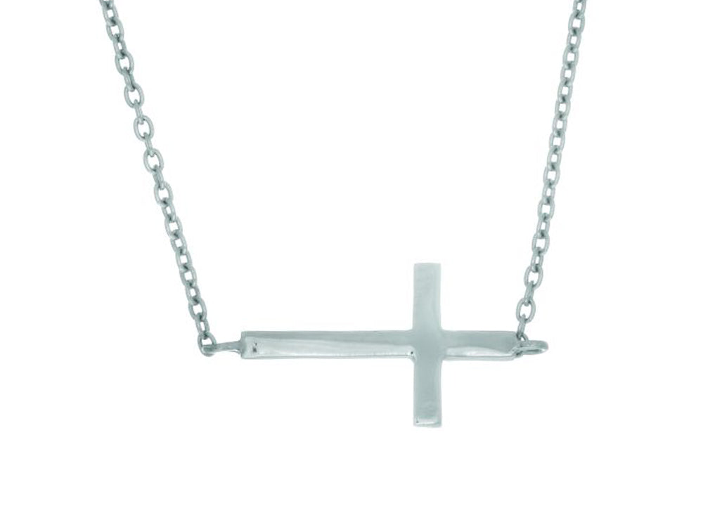 Finejewelers Silver with Rhodium Finish Shiny Sideways Cross Anchored On Cable Link Necklace