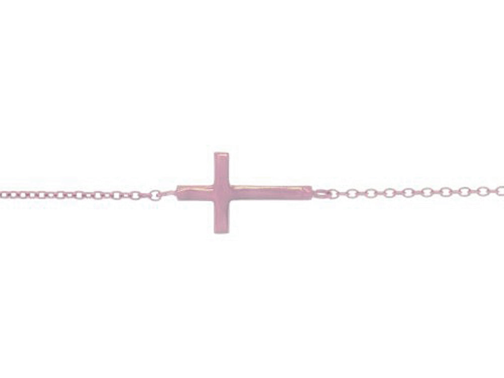 Finejewelers Sterling Silver with Rose Finish Shiny Sideways Cross On Cable Link Bracelet
