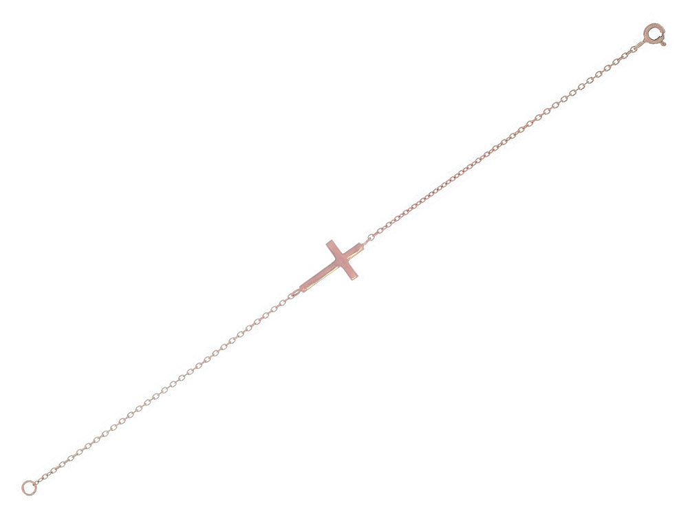 Finejewelers Sterling Silver with Rose Finish Shiny Sideways Cross On Cable Link Bracelet