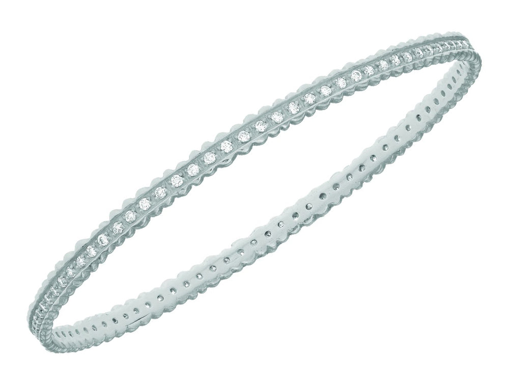 Finejewelers Silver Shiny Ridged Edge Slightly Concaved Slip On Bangle with Cubic Zirconia