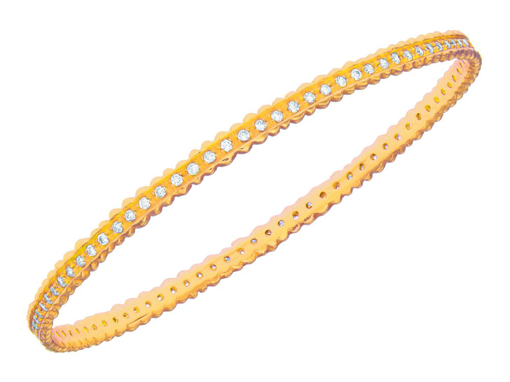 Finejewelers Silver Yellow Finish Shiny Ridged Edge Slightly Concaved Slip On Bangle White Cubic Zirconia