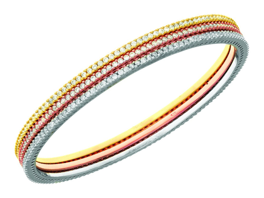 Finejewelers Set of 3 Tri-Color Finish Round Slip-On Bangle with Cubic Zirconia