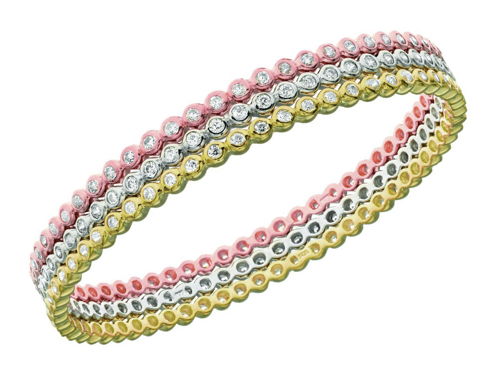 Finejewelers Sterling Silver Rhodium, Rose and Yellow Finish Set Of 3 Tri-Color Round Slip On Bangle CZ's
