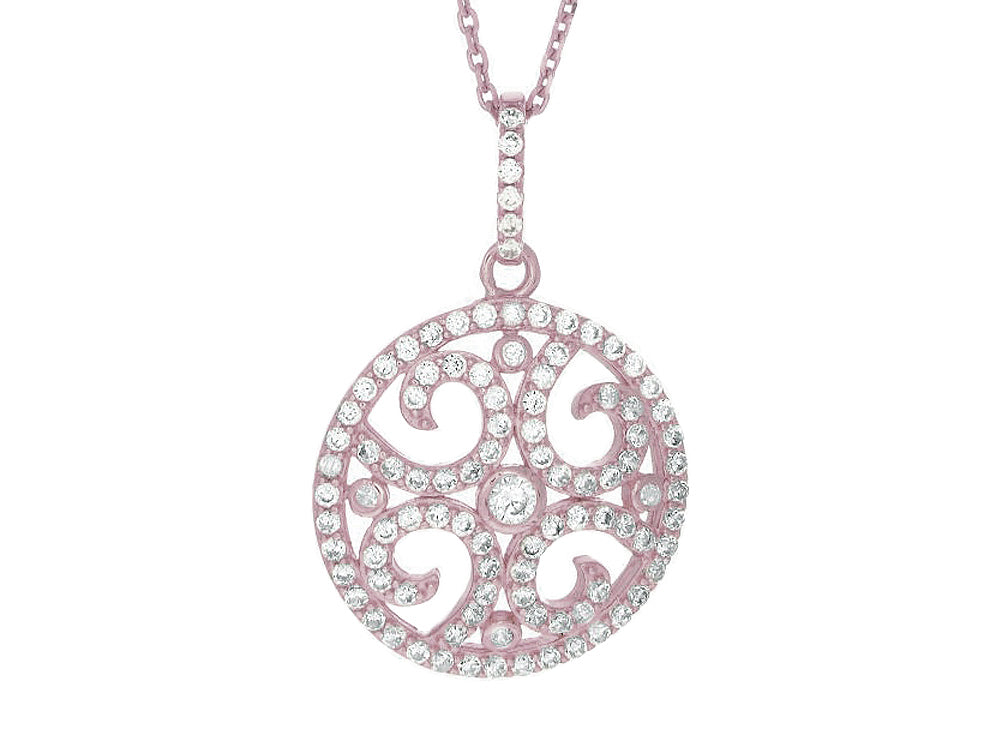 Finejewelers Silver Rose Finish Fancy Circle Swirl Pattern Pendant Necklace White Cubic Zirconia