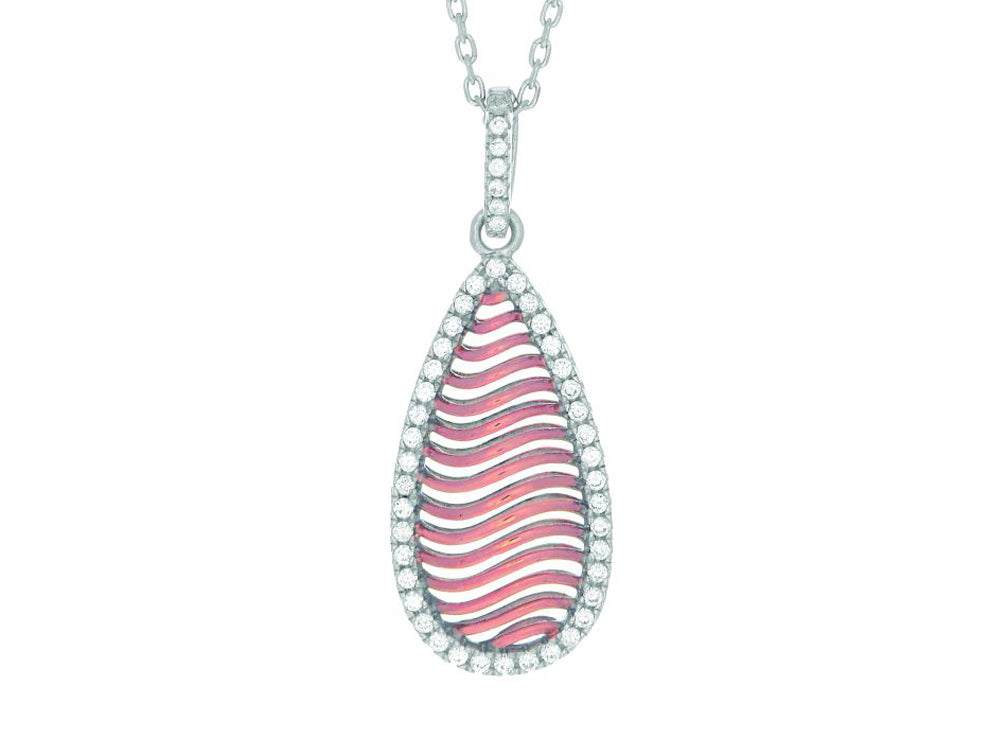 Finejewelers Silver 18 Rhodium Finish Rose Mesh Puffed Teardrop Pendant Necklace Micropave CZ's