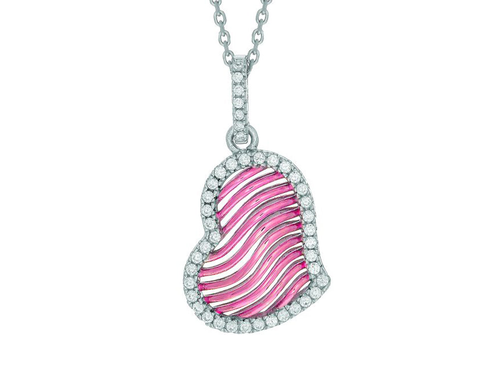 Finejewelers Silver 18 Rhodium Finish Rose Mesh Puffed Heart Pendant Necklace Trimmed Micropave CZ
