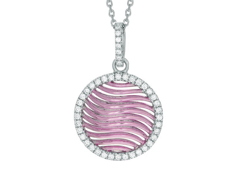 Finejewelers Silver 18 Rhodium Finish Rose Mesh Puffed Round Pendant Necklace Micropave Cubic Zirconia