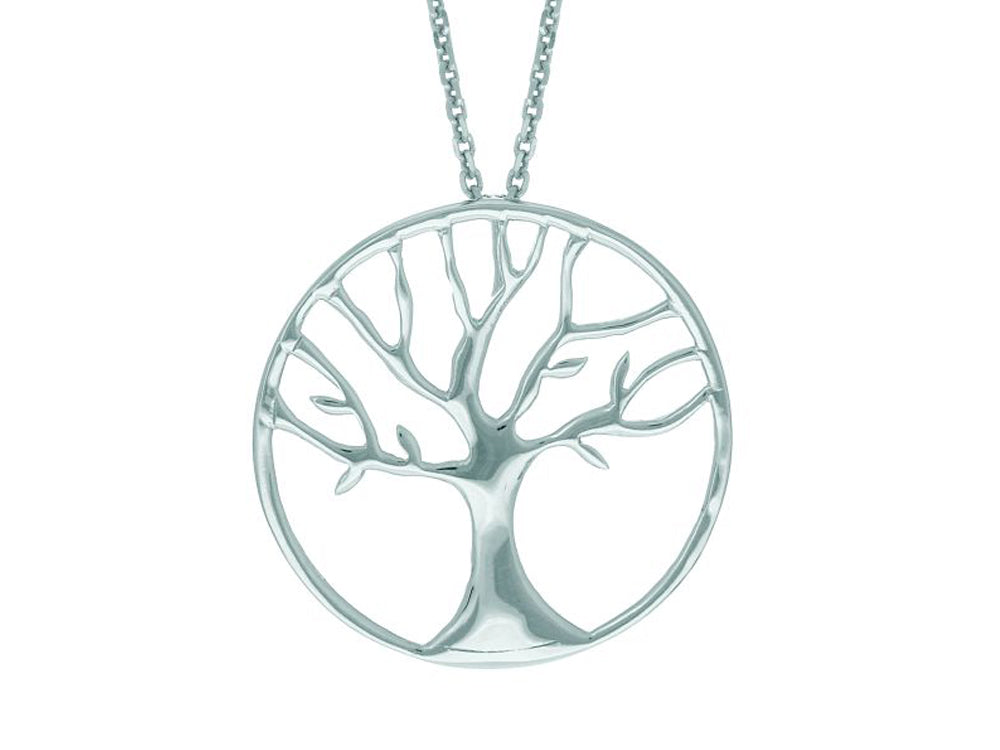 Finejewelers Silver 18 Rhodium Finish Shiny Tree In Round Pendant Necklace