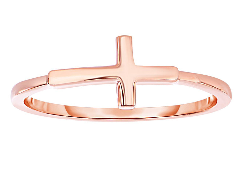 Finejewelers Sterling Silver Rose Finish Shiny Small Sideways Cross Ring