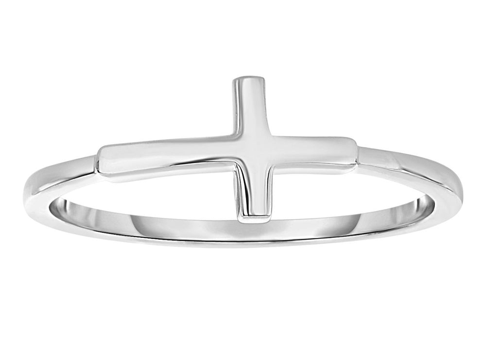 Finejewelers Sterling Silver Rhodium Finish Shiny Small Sideways Cross Ring