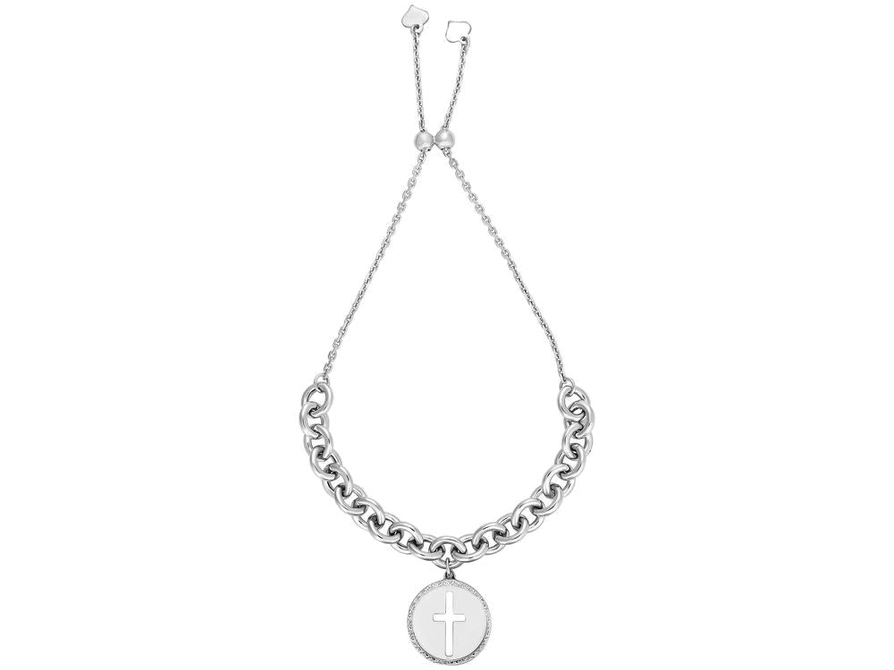 Finejewelers Rhodium Finish Sterling Silver 9.25 Inch Adjustable Friendship Bracelet Cross and Draw String Clasp