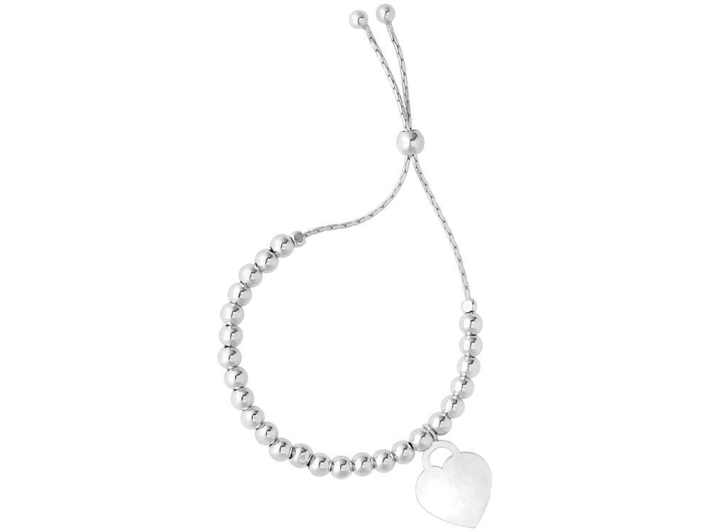 Finejewelers Rhodium Sterling Silver 9.25 Inch Flat Heart Charm Adjustable Friendship Bracelet Draw String Clasp