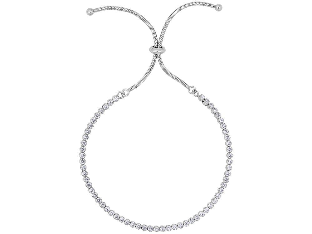 Finejewelers Rhodium Finish Sterling Silver 9.25 Inch Friendship Adjustable CZ Tennis Bracelet Draw String