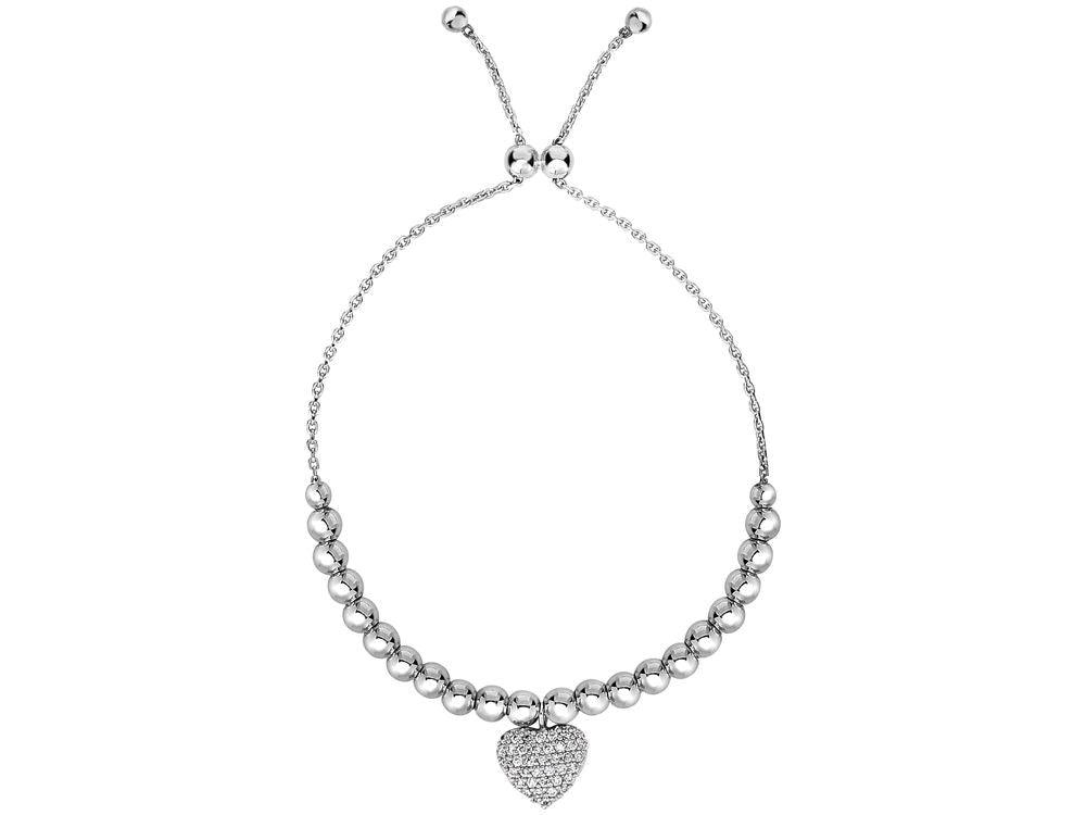 Finejewelers Sterling Silver 9.25 Inch Rhodium Bead CZ Heart Charm Friendship Adjustable Bracelet Draw String Clasp