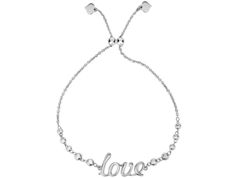 Finejewelers Sterling Silver 9.25 Inch Bead Stations Curved Inch Love Friendship Adjustable Bracelet Draw String Clasp