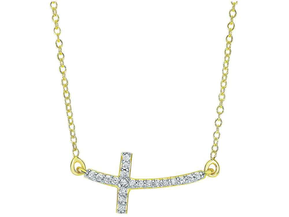 Finejewelers 14 Kt Yellow Gold 18 Inch 0.12ct Side Cross Necklace With Short Curved Side Way Cross