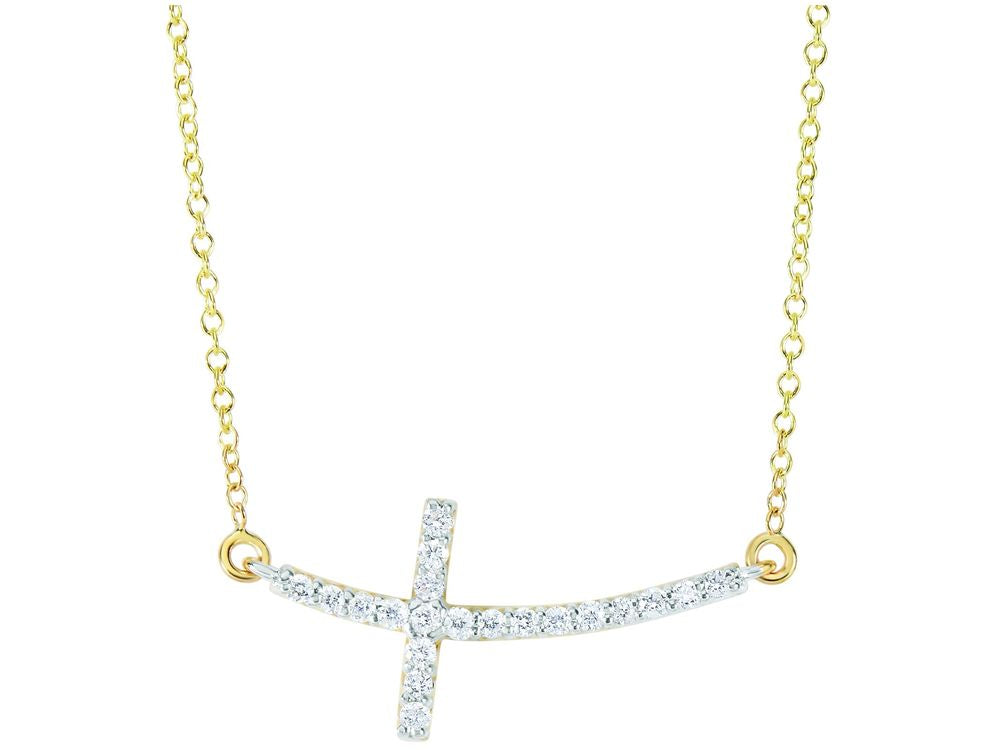 Finejewelers 14 Kt Yellow Gold 18 Inch 0.22ct Side Cross Necklace With Long Curved Side Way Cross