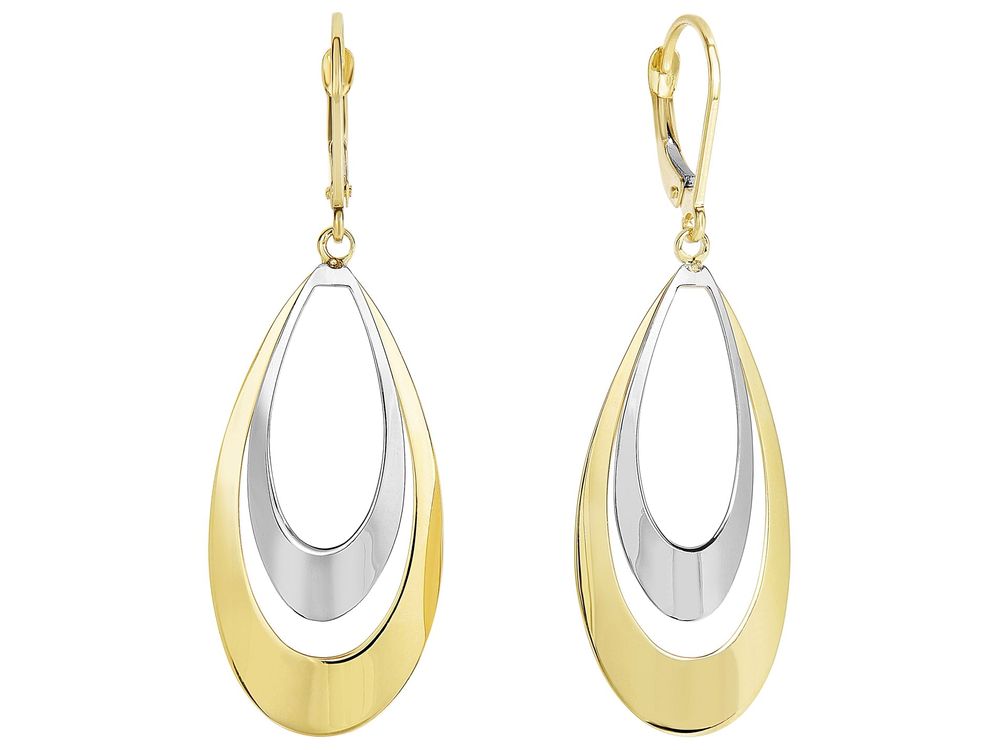 Finejewelers 14 Kt Two Tone Gold 47x17mm Flat Convex Double Tear Drop Graduated Earring Leverback Cl Asp