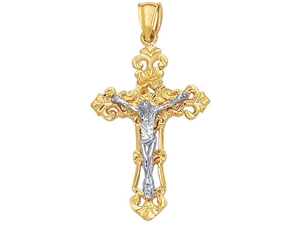 Finejewelers 14 Kt Two Tone Gold Textured Fancy Cross With Figurine