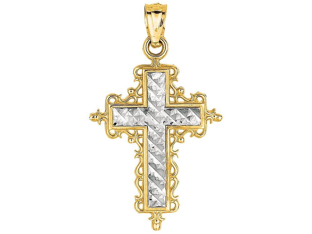 Finejewelers 14 Kt Two Tone Gold Bright Cut Cross Pendant Necklace In Design 18 Inch Chain