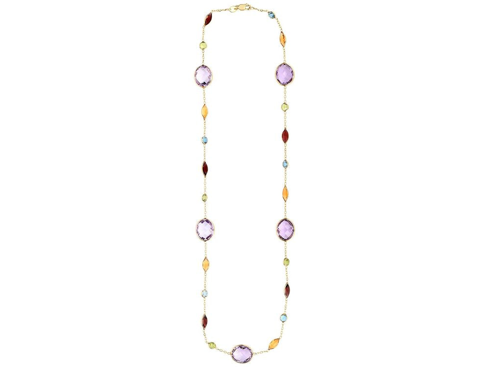 Finejewelers 14 Kt Yellow Gold 18 Inch 1mm Cable Necklace Multi Colored Stones Multi Shape Lobster Clasp