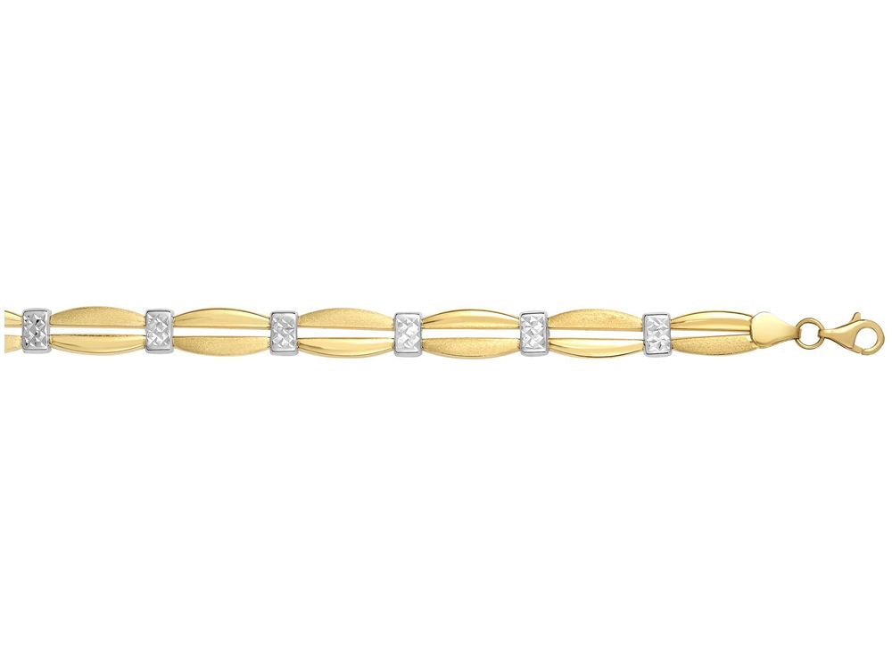 Finejewelers 14 Kt Two Tone Gold 7.25 Inch Textured Fancy Double Bar Bracelet Pear Shape Clasp.