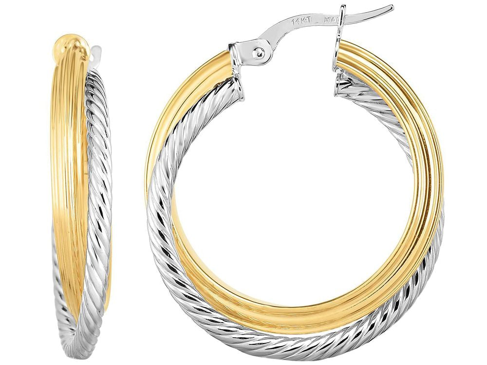 Finejewelers 14 Kt Two Tone Gold 4x20mm Textured Round Hoop Fancy Earring