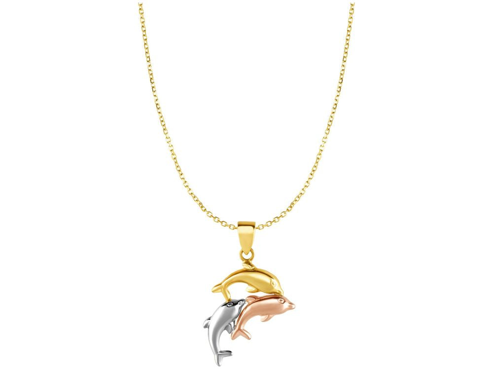 Finejewelers 10 Kt Tri Color Gold Dolphin Pendant Necklace 18 Inch 0.8mm Bright Cut Chain Lobster Clasp
