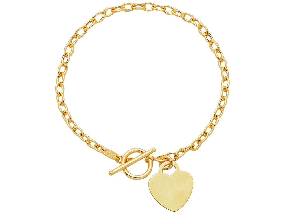 Finejewelers 14 Kt Yellow Gold 7.50 Inch Bright Cut Oval Chain Link Bracelet Heart Charm and Toggle Lock