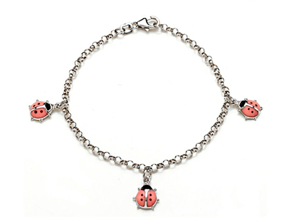 FJC Finejewelers 925 Sterling Silver Small Pink Ladybug Charm Bracelet