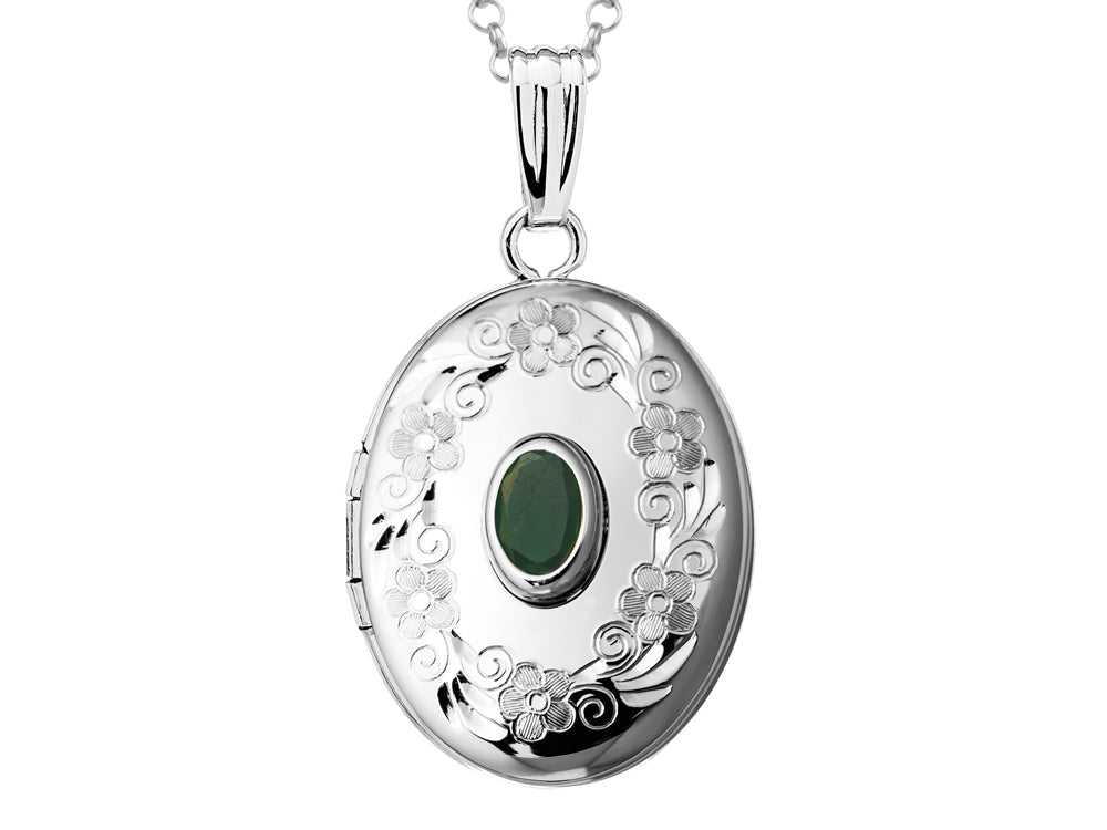 FJC Finejewelers Sterling Silver Oval Locket Pendant Necklace with Genuine Emerald May Birthstone