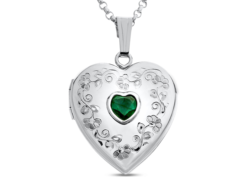 FJC Finejewelers Sterling Silver Heart Locket Pendant Necklace with Genuine Emerald May Birthstone