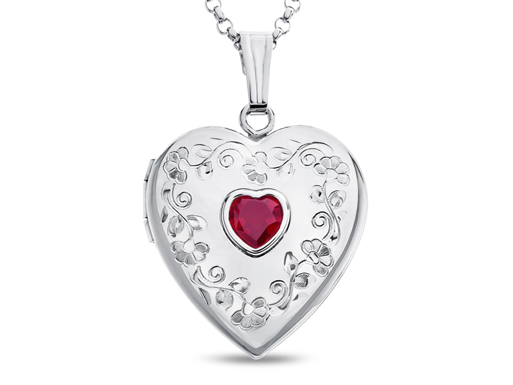 FJC Finejewelers Sterling Silver Heart Locket Pendant Necklace with Created Ruby July Birthstone