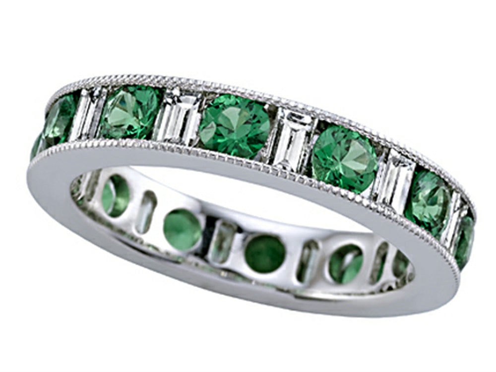 Karina B Baguette Diamond and Round Tsavorite Eternity Band With Milgrain