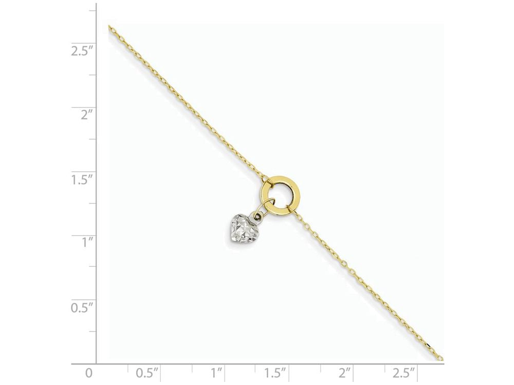 FJC Finejewelers 9 Inch 14k Gold Two-tone Circle/bright cut Puff Heart W/ 1in Ext Anklet